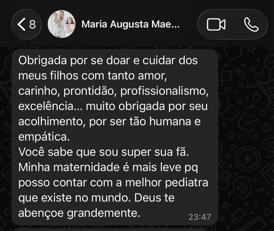 Print de conversa de WhatsApp de Maria Augusta agradecendo a disponibilidade, o acolhimento e o carinho da Dra. Lorena desde o primeiro contato.